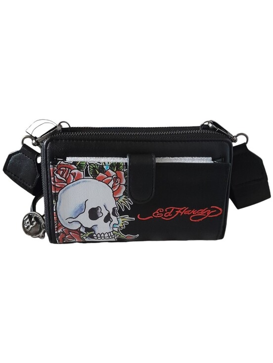 Ed Hardy Handbags - Ed Hardy Black Skull & Rose Crossbody Wallet Bag Phone Holder Clutch NWT